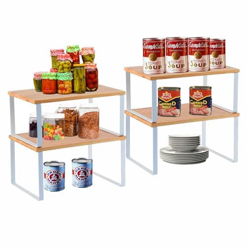 HMRACK 4er-Set Bambus Küchenregale - Stapelbarer und erweiterbarer Schrank Organizer mit Regaleinsatz - Praktische Küchen Organizer für den Küchenschrank in Ihrem Zuhause-Weiß von HMRACK