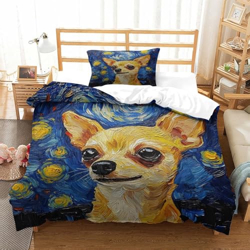 HMRKOEPGX Chihuahua 3D Gedruckt Gedruckt Bettbezug Luxus Welpe Bettbezug 2 Teilig Mikrofaser Mit Reißverschluss Wende Bettwäsche Set Single（135x200cm） von HMRKOEPGX