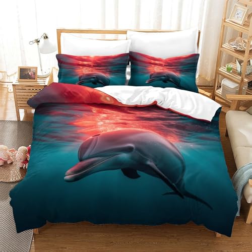 HMRKOEPGX Delfin 3D Gedruckt Gedruckt Bettbezug Aesthetic Tier Bettbezug 3 Teilig Soft Mit Reißverschluss Wende Bettwäsche Set Double（200x200cm） von HMRKOEPGX