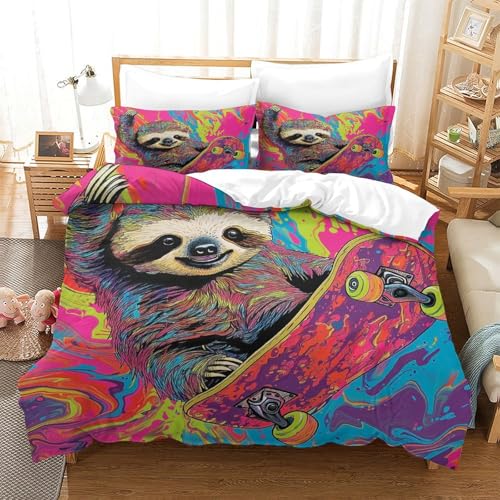HMRKOEPGX Faultier 3D Gedruckt Bettbezug Luxus Tier Bettbezug 3 Teilig Mikrofaser Mit Reißverschluss Wende Bettwäsche Deckung Set Single（140x200cm） von HMRKOEPGX