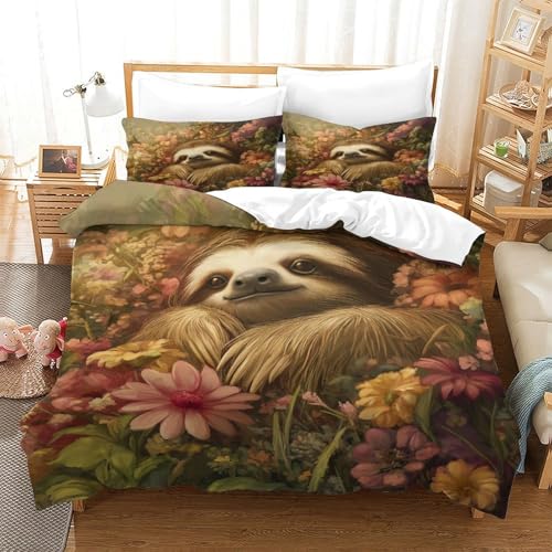 HMRKOEPGX Faultier 3D Gedruckt Gedruckt Bettbezug Aesthetic Tier Bettbezug 3 Teilig Mikrofaserbettwäsche Mit Reißverschluss Wende Bettwäsche Set Double（200x200cm） von HMRKOEPGX