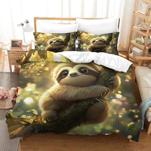 HMRKOEPGX Faultier 3D Gedruckt Gedruckt Bettbezug Luxus Tier Bettbezug 3 Teilig Mikrofaser Mit Reißverschluss Wende Bettwäsche Set Single（140x200cm） von HMRKOEPGX