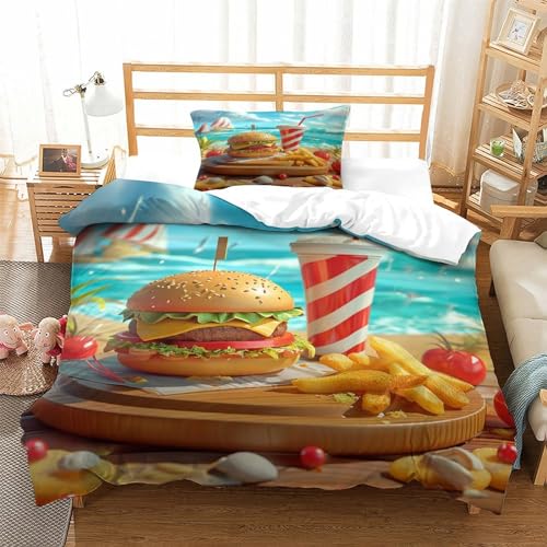 HMRKOEPGX Hamburger 3D Gedruckt Bettwäsche Luxus Essen Bettbezug 2 Teilig Mikrofaserbettwäsche Mit Reißverschluss Wende Bettwäsche Set Single（135x200cm） von HMRKOEPGX
