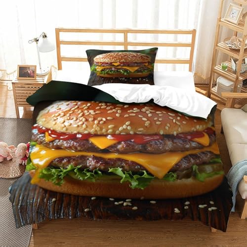 HMRKOEPGX Hamburger 3D Gedruckt Gedruckt Bettbezug Luxus Essen Bettbezug 2 Teilig Weich Mit Reißverschluss Wende Bettwäsche Set Single（135x200cm） von HMRKOEPGX