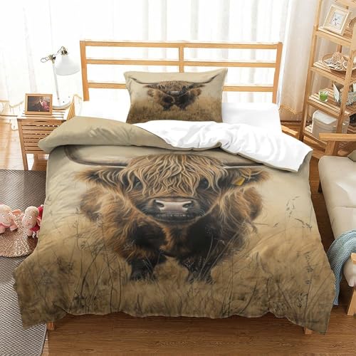 HMRKOEPGX Hochlandrind 3D Gedruckt Bettwäsche Set Aesthetic Tier Bettbezug 2 Teilig Mikrofaser Mit Reißverschluss Wende Bettwäsche Deckung Set Single（135x200cm） von HMRKOEPGX
