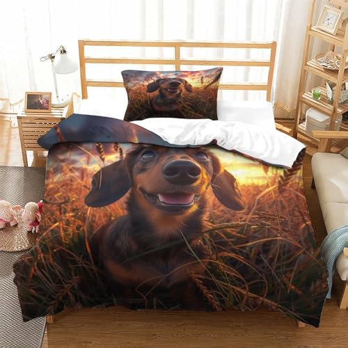 HMRKOEPGX Hund 3D Gedruckt Bettbezug Luxus Süßer Hund Bettbezug 2 Teilig Mikrofaserbettwäsche Mit Reißverschluss Wende Bettwäsche Set Single（135x200cm） von HMRKOEPGX