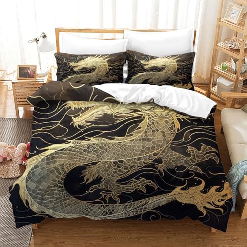 HMRKOEPGX Loong 3D Gedruckt Bettbezug Luxus Drache Bettbezug 3 Teilig Mikrofaserbettwäsche Mit Reißverschluss Wende Bettwäsche Deckung Set Single（140x200cm） von HMRKOEPGX