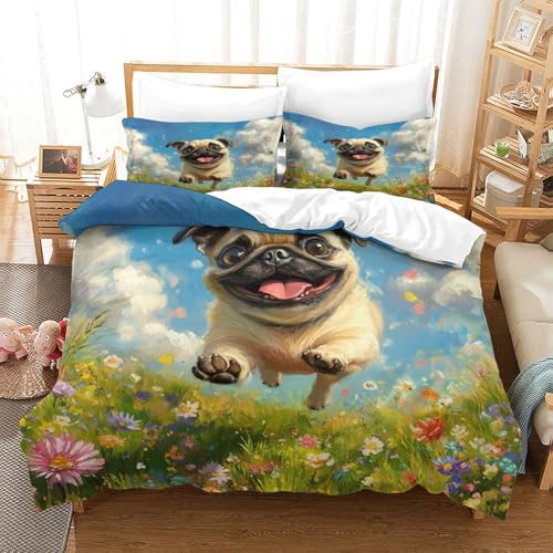 HMRKOEPGX Mops 3D Gedruckt Bettwäsche Luxus Welpe Bettbezug 3 Teilig Weich Mit Reißverschluss Wende Bettwäsche Set Single（140x200cm） von HMRKOEPGX