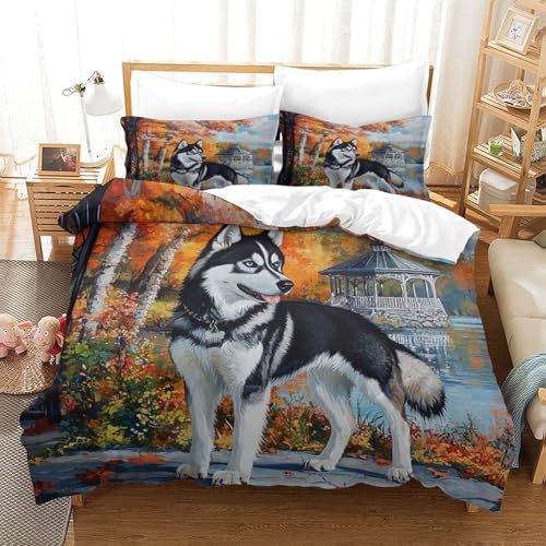 HMRKOEPGX Siberian Husky 3D Gedruckt Bettbezug Luxus Welpe Bettbezug 3 Teilig Weich Mit Reißverschluss Wende Bettwäsche Set King（220x240cm） von HMRKOEPGX