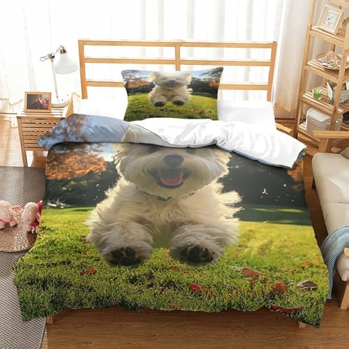 HMRKOEPGX West Highland White Terrier 3D Gedruckt Bettwäsche Aesthetic Welpe Bettbezug 2 Teilig Soft Mit Reißverschluss Wende Bettwäsche Deckung Set Single（135x200cm） von HMRKOEPGX