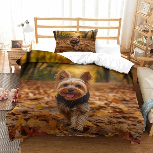 HMRKOEPGX Yorkshire Terrier 3D Gedruckt Bettwäsche Aesthetic Welpe Bettbezug 2 Teilig Mikrofaserbettwäsche Mit Reißverschluss Wende Bettwäsche Deckung Set Single（135x200cm） von HMRKOEPGX