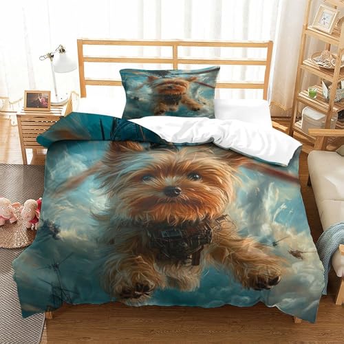 HMRKOEPGX Yorkshire Terrier 3D Gedruckt Bettwäsche Luxus Welpe Bettbezug 2 Teilig Soft Mit Reißverschluss Wende Bettwäsche Deckung Set Single（135x200cm） von HMRKOEPGX