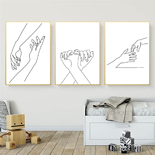 Abstrakter Strichzeichnung Minimalist Bilder Leinwandbilder Modern Schwarz Weiß Abstrakter Poster für Wohnzimmer Schlafzimmer Deko Kunst Malerei Kein Rahmen 3er Set (Hand in Hand,30X40CM) von HMXQLW