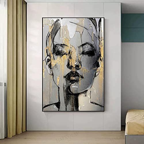 HMXQLW Abstrakte Figur Wandbilder Golden Girl Face Bilder kunstdrucke Wohnzimmer Deko,Leinwandbilder Poster und Drucke Wandkunst Schlafzimmer Rahmenlos (70x100cm) von HMXQLW