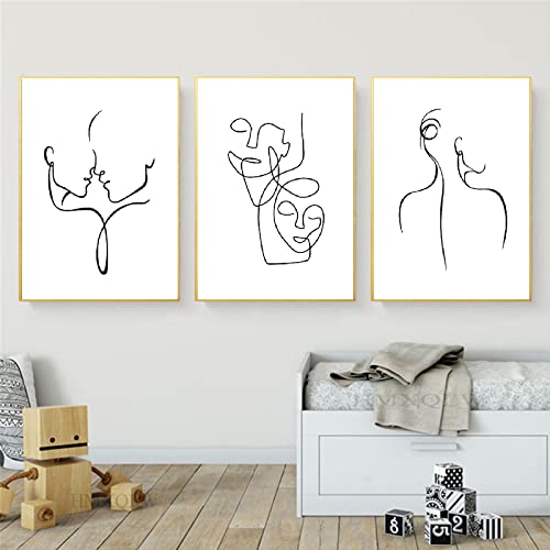 HMXQLW Abstrakter Strichzeichnung Minimalist Bilder Leinwandbilder Modern Schwarz Weiß Abstrakter Poster für Wohnzimmer Schlafzimmer Deko Kunst Malerei Kein Rahmen 3er Set (Paar Gesicht,30X40CM) von HMXQLW