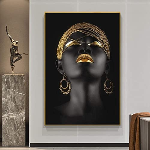 HMXQLW Afrikanische Frau Schwarze mit Goldenem Schmuck Bilder Abstrakte Leinwand Wandkunst Bild Schlafzimmer Wohnzimmer Poster und Drucke Malerei Dekoration Kein Rahmen (60X80CM) von HMXQLW