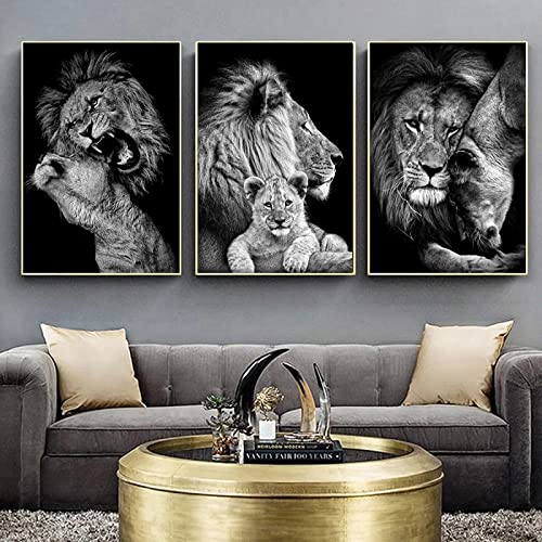 HMXQLW Afrikanische Löwenfamilie Schwarz Weiß Ölgemälde Bilder Leinwanddruck Poster Wohnzimmer Schlafzimmer Dekoration Leinwandbilder Malerei Kunstdrucke Rahmenlos (B,3X30X40CM) von HMXQLW