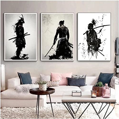 HMXQLW Japanische Samurai Leinwandbilder Schwarz-Weiß-Figuren Bilder Set Leinwand Malerei Moderne Wandkunst Bilder Wohnzimmer Dekor Kein Rahmen 3er (50X70CM) von HMXQLW