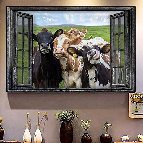 HMXQLW Kühe am Fenster Wandbilder Vintage Bilder kunstdrucke Wohnzimmer Bauernhaus Deko,Leinwandbilder Poster und Drucke Wandkunst Schlafzimmer Rahmenlos (80x120cm) von HMXQLW