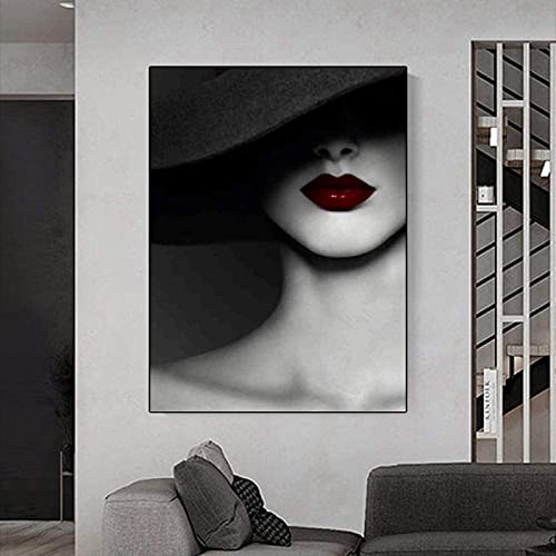 HMXQLW Leinwand Bild Schwarz Weiß Mode Hut Frau Leinwand Malerei Rote Lippen Bilder Wohnzimmer Deko, Leinwand Bilder Poster und Drucke Wandkunst Malerei Schlafzimmer Rahmenlos (30X40CM) von HMXQLW