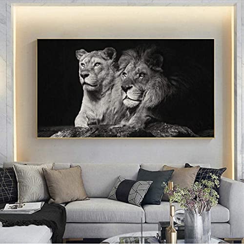 HMXQLW Leinwand Bild Schwarz weiß Löwe und Löwin Bilder Wohnzimmer Deko, Leinwand Bilder Poster und Drucke Wandkunst Malerei Schlafzimmer Wohnzimmer Dekoration Rahmenlos (70X100CM) von HMXQLW