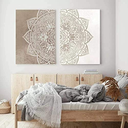 HMXQLW Leinwandbilder Mandala Yoga Bilder, Floral Abstrakte Bild Wohnzimmer Wandkunst Poster, Schlafzimmer Wohnzimmer Wandbilder Malerei Dekoration 2er Kein Rahmen (20X30CM,Beige) von HMXQLW