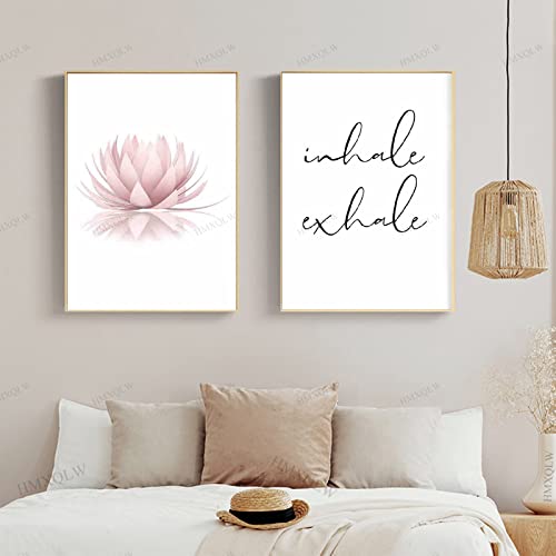 HMXQLW Pink Lotus Yoga Inhale Exhale Zitate Wandbilder Modernes Bilder kunstdrucke Wohnzimmer Deko,Leinwandbilder Poster und Drucke Wandkunst Schlafzimmer Rahmenlos (2X60x80cm) von HMXQLW