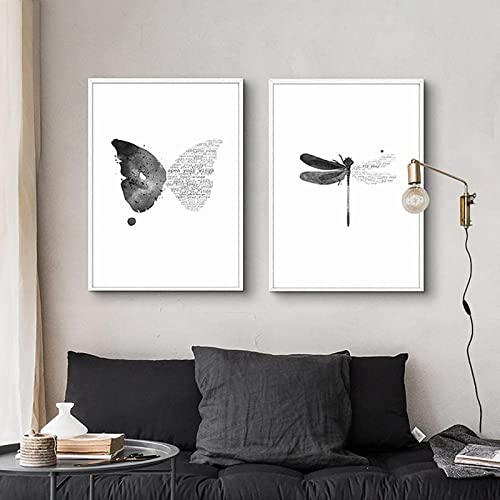 HMXQLW Schmetterling Libelle Wandbilder Minimalistisches Schwarz Weiß Bilder kunstdrucke Wohnzimmer Nordische Deko,Leinwandbilder Poster und Drucke Wandkunst Schlafzimmer Rahmenlos (2X30X40CM) von HMXQLW