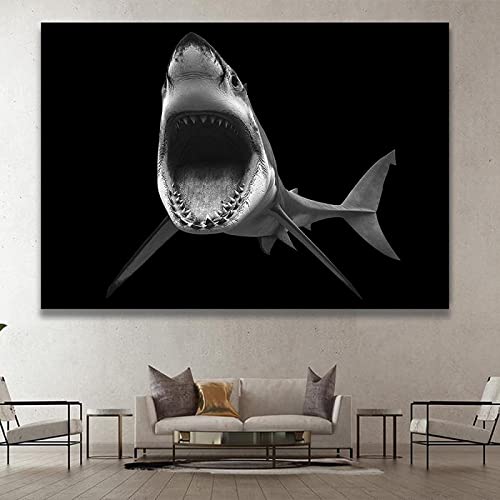 HMXQLW Schwarz-Weiß-Hai Tier Leinwandmalerei Bilder Wohnzimmer für Wand Leinwandbilder Kunstdrucke Modern Schlafzimmer Wohnzimmer Dekoration Ohne Rahmen (60X80CM) von HMXQLW