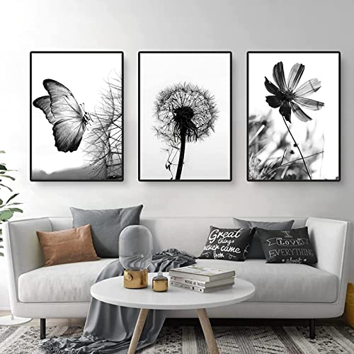 HMXQLW Schwarz Weiß Schmetterlinge, Blumen und Löwenzahn Wandbilder Moderne Bilder kunstdrucke Wohnzimmer Deko,Leinwandbilder Poster und Drucke Wandkunst Schlafzimmer Rahmenlos (3X60x80cm) von HMXQLW