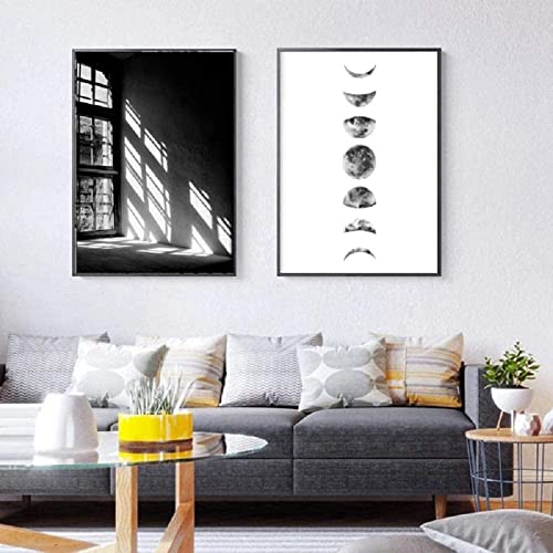 HMXQLW Schwarz Weiß Wandbilder Mondphasen Bilder kunstdrucke Wohnzimmer Deko,Leinwandbilder Poster und Drucke Wandkunst Schlafzimmer Rahmenlos (2X50x70cm) von HMXQLW