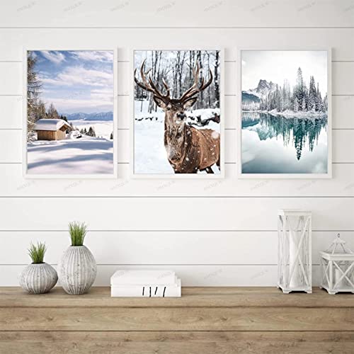 HMXQLW Winter Landschaft Wandbilder Hirsche Bilder kunstdrucke Wohnzimmer Deko,Leinwandbilder Poster und Drucke Wandkunst Schlafzimmer Rahmenlos (3X40x50cm) von HMXQLW