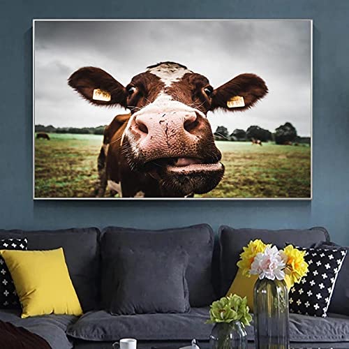 HMXQLW lustige Esel Neugierige Kuh Bilder Wohnzimmer Leinwand Bild Grosses Bilder Poster und Drucke Wandkunst Malerei Schlafzimmer Wohnzimmer Dekoration Kein Rahmen (Neugierige Kuh,60X90CM) von HMXQLW