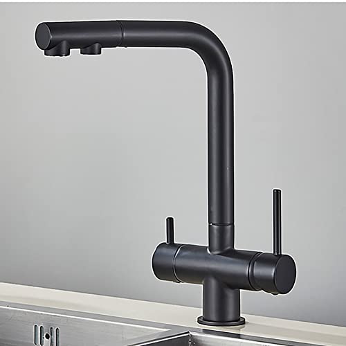 2-in-1-Küchenarmatur mit herausziehbarem Sprüher Wasseraufbereiter Flexibler Filter Küchenspüle Armaturen Messing 2 Griff Einlocharmatur Heißes Kaltwasser Mischbatterie Chrom (Farbe: Nero) von HMXRJKL