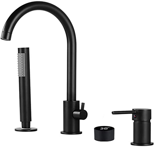 Duschset Badewanne Mischbatterie Dusche 4 Loch Bad Mischbatterie mit Handbrause Deck Mount Badewanne Wasserhahn Schwanenhals Badewannenarmaturen Bad Dusche Set Schwarz, Vier Löcher (Schwarz Vier von HMXRJKL