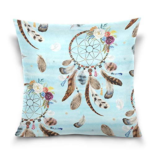 HMZXZ Kissenbezug 40x40cm Ethnisch Boho Blumen- Blumen Traumfänger Blau Dekorative quadratische Kissenbezüge Kissenhüller für Couch Sofa Schlafzimmer Wohnzimmer von HMZXZ