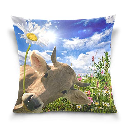 HMZXZ Kissenbezug 45x45cm Tier Kuh Blume Sonnenblume Dekorative quadratische Kissenbezüge Kissenhüller für Couch Sofa Schlafzimmer Wohnzimmer von HMZXZ