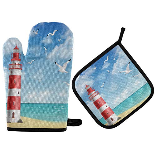 HMZXZ RXYY Meer Strand Leuchtturm Vogel Ofenhandschuhe Gesteppt Baumwolle Beschichtung Topflappen BBQ Handschuhe-Ofenhandschuhe Hitzebeständig Küche Sicher Matten für Backen Kochen von HMZXZ