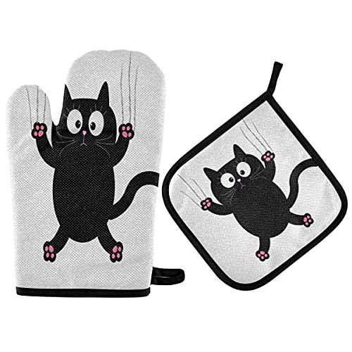 HMZXZ RXYY Süß Schwarz Katze Ofenhandschuhe Gesteppt Baumwolle Beschichtung Topflappen BBQ Handschuhe-Ofenhandschuhe Hitzebeständig Küche Sicher Matten für Backen Kochen von HMZXZ