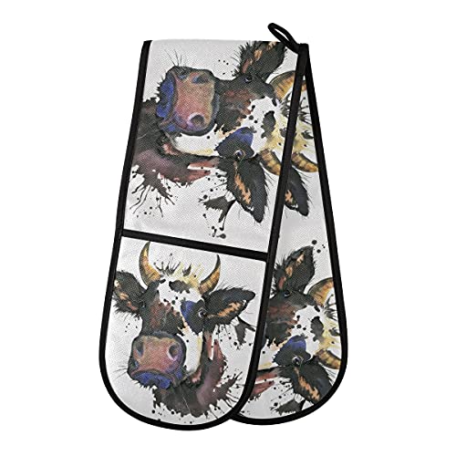 RXYY Doppelt Ofenhandschuh Aquarell Milch Kuh Hitze Beständig Gesteppt Baumwolle Küche Topflappen Lange Ofenhandschuhe für Kochen Backen Grillen von HMZXZ