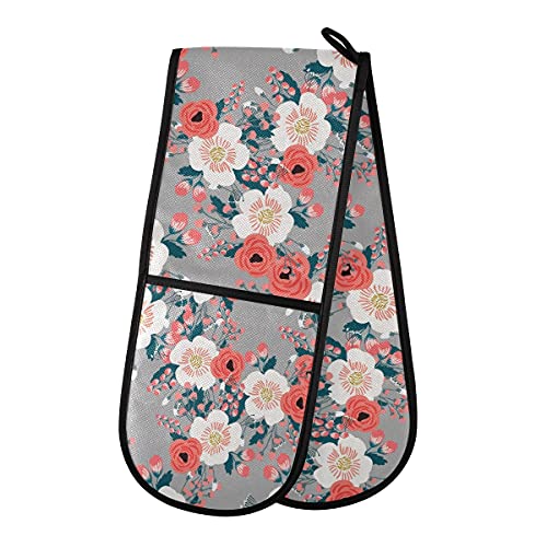 RXYY Doppelt Ofenhandschuh Blumen- Mohn Blume Hitze Beständig Gesteppt Baumwolle Küche Topflappen Lange Ofenhandschuhe für Kochen Backen Grillen von HMZXZ