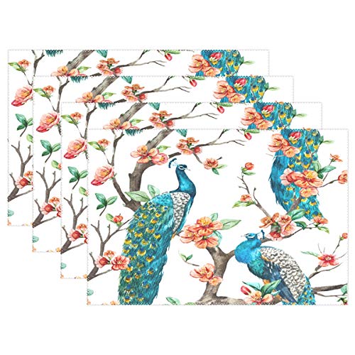 RXYY Tischsets von 6, Vogel Pfau KirschblüteBlumes Platzsets Essen Tabelle Matten Hitze Beständig Dauerhaft Waschbar für Zuhause Küche von HMZXZ