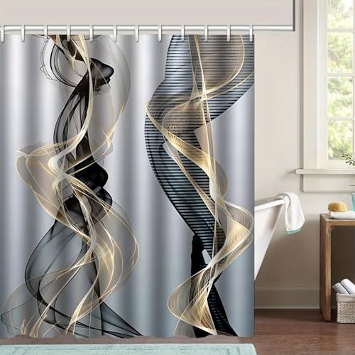 Duschvorhang mit abstraktem Kunstlinienmuster – modernes, ästhetisches Badezimmerdekor mit Haken, Hängevorhang für das Badezimmer zu Hause 200x210cm(WxH) von HNBFKD