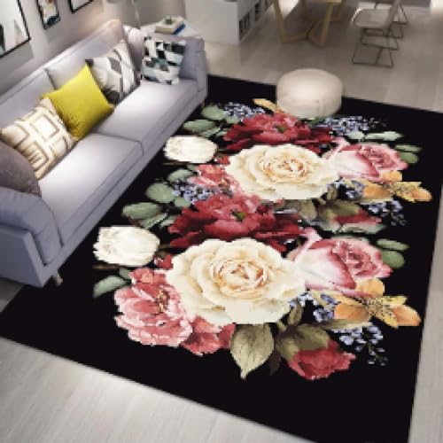 HNBFKD Blumenteppich, Wohnzimmer, große Teppiche, romantische Rosen, weiche Bodenmatte, Heimdekoration, rutschfeste, waschbare Fußmatten, Willkommensteppiche 150x240cm von HNBFKD