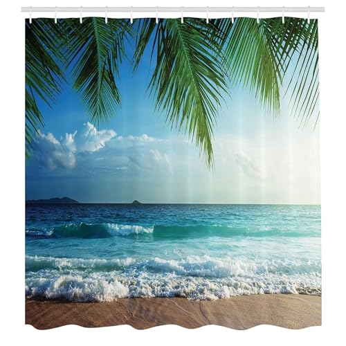HNBFKD Digitaldruck Ozean Duschvorhang, Palmen Tropische Insel Sommer Strand Meer Badezimmer Art Decor Badewannenvorhänge 300x200cm/118x79in(WxH) von HNBFKD