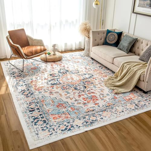 HNBFKD Maschinenwaschbarer Blauer und orangefarbener Teppich, Retro-Boho-Teppich mit rutschfestem für Wohnzimmer- und Schlafzimmerdekor, schmutzabweisender Téppich 180x290cm von HNBFKD