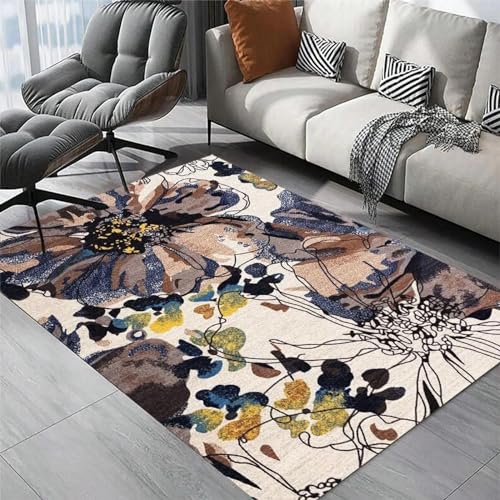 HNBFKD Teppich mit Vintage-Blumenmuster, Schlichter Wohnzimmerteppich, Sofa- und Tischmatte, Schlafzimmer-Nachtvorleger, Raumbilder verbessern 120x170cm von HNBFKD