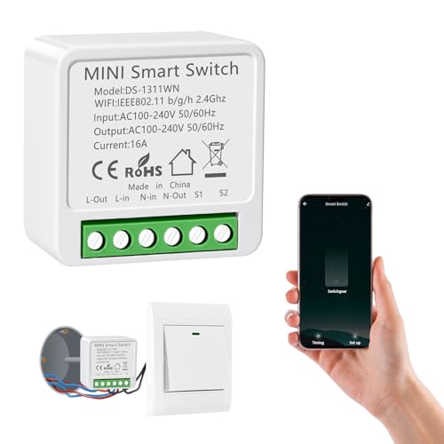 1 Stück Alexa Lichtschalter Smart Home, WLAN Smart Modul Lichtschalter, Sprachsteuerung/Timer, Mini Smart Home Lichtschalter Kompatibel Alexa, 1-Weg/2-Wege, Neutralleiter Erforderlich von HNCY