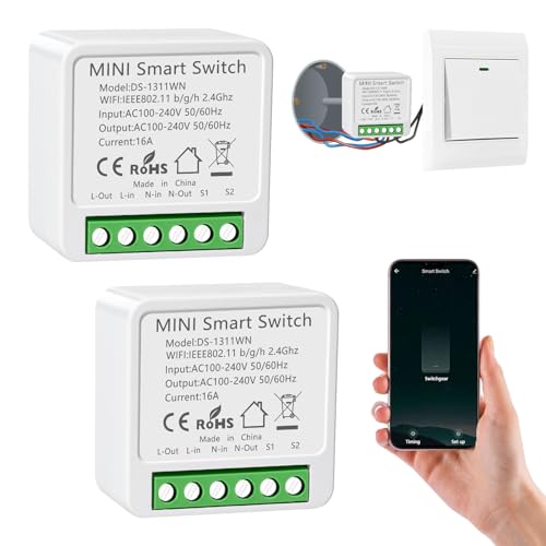 2 Stück Alexa Lichtschalter Smart Home, WLAN Modul Lichtschalter, Sprachsteuerung/Timer, Mini Smart Home Licht Schalter Kompatibel Alexa, 1-Weg/2-Wege, Neutralleiter Erforderlich von HNCY
