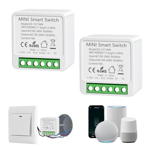 2 Stück Smart Lichtschalter Modul, Alexa Lichtschalter Smart Home, Mini WLAN Smart Switch Kompatibel Alexa, Sprachsteuerung, Alexa Schalter für Smart Life, Neutralleiter Erforderlich von HNCY